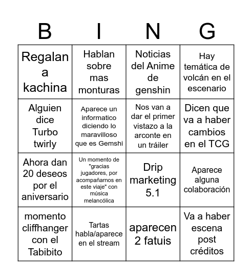 Bingo del genshin Bingo Card