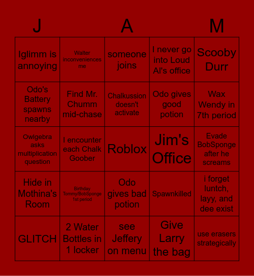 Jam's Elementary Bingo Card