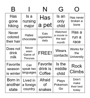Get to Know You Bingo Card