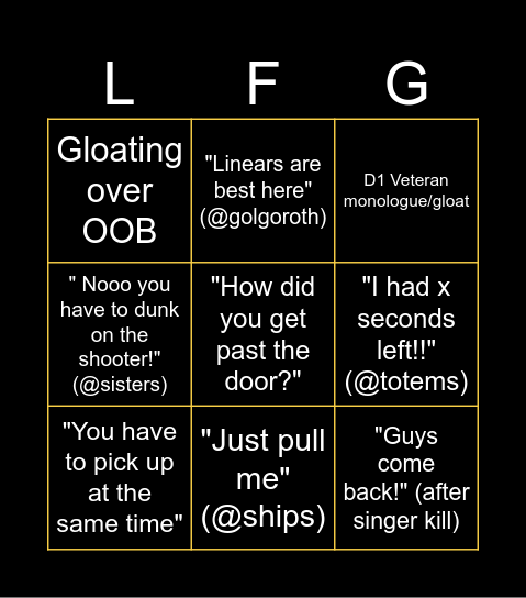 Kings Fall LFG Bingo Card