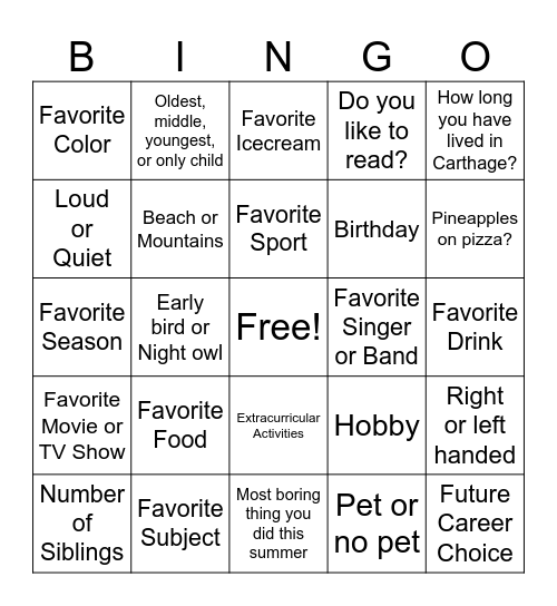 BINGO To Meet You Bingo Card