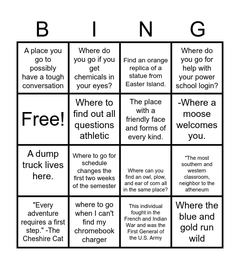 Freshmen Orientation Bingo Card