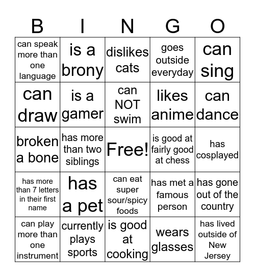 human Bingo Card