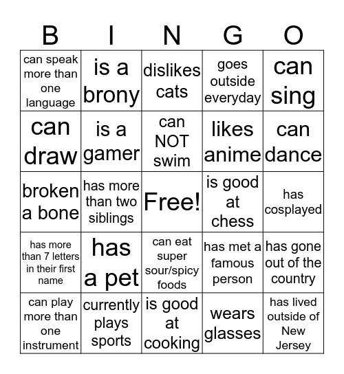 human Bingo Card