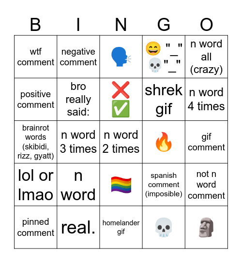 Instagram comment (top 5 only) Bingo Card