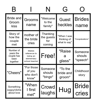Wedding Toast Bingo Card