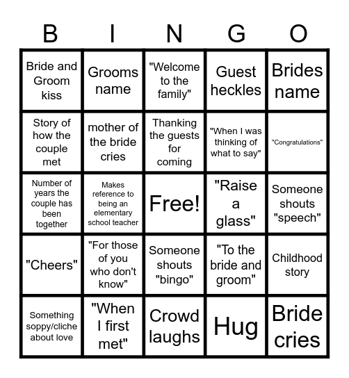 Wedding Toast Bingo Card