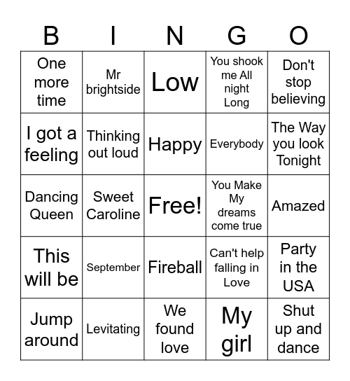 WEDDING DANCE SONGS Bingo Card