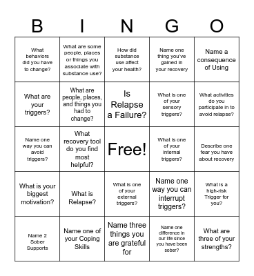 Recovery Bingo Card