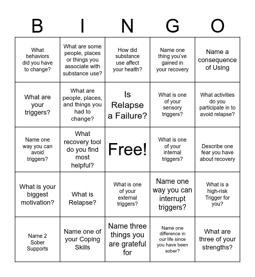 Recovery Bingo Card