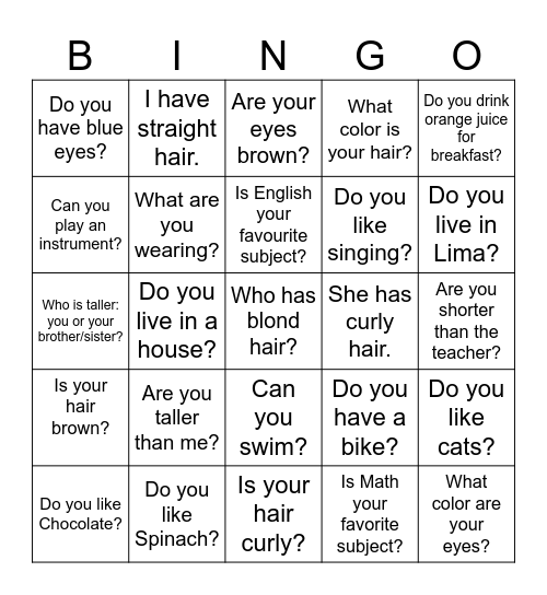 WELCOME TO THE ENGLISH CLASS!! Bingo Card