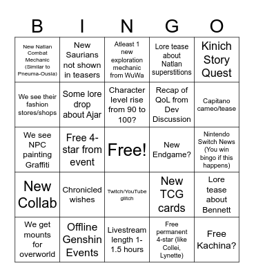 Genshin v5.0 Livestream Bingo Card