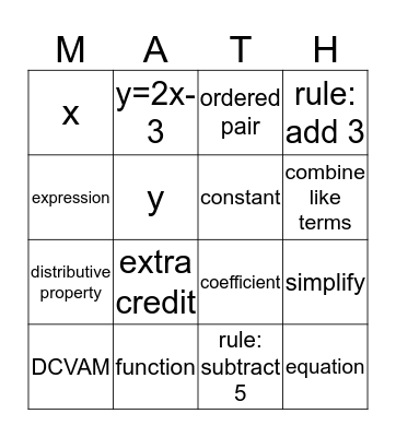 Algebra Camp Bingo Card