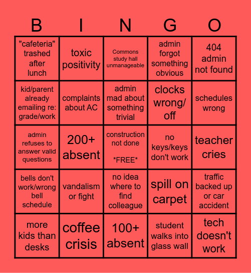 First Day BINGO Card