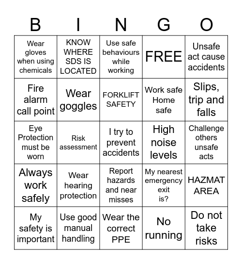 Health and Safety Bingo Card