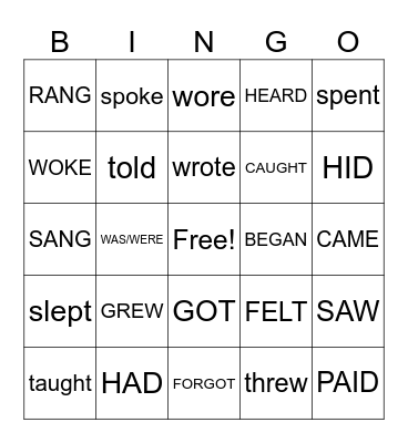 Past tense Irregular Verbs Bingo Card