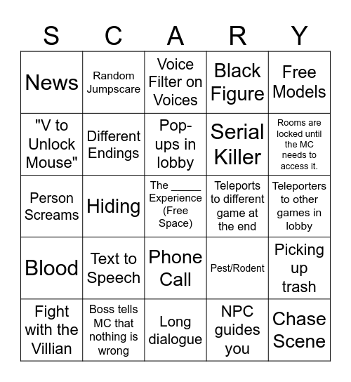 Roblox Experience Games Bingo Card