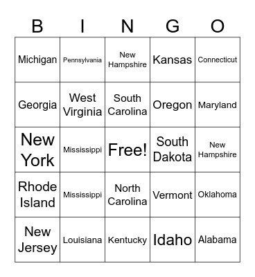 U.S. States Bingo Card