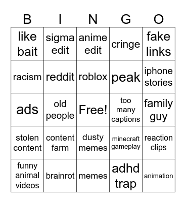 yt shorts Bingo Card