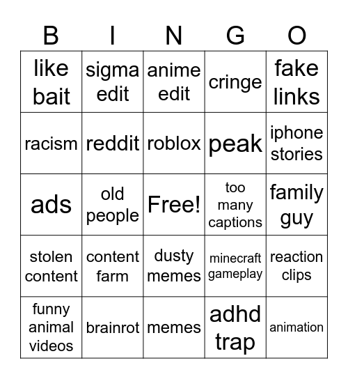 yt shorts Bingo Card