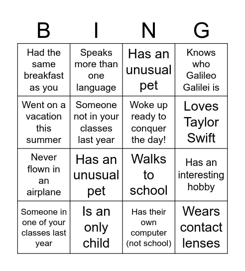 High School Classmate Bingo Card