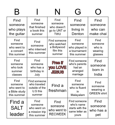 Back to School Bingo Card