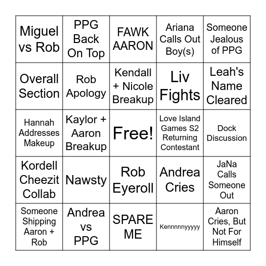 Love Island Reunion Bingo Card