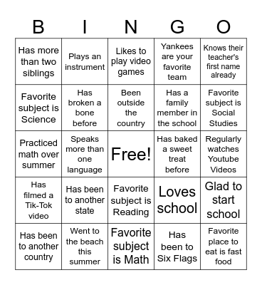 First Day of School Bingo Card