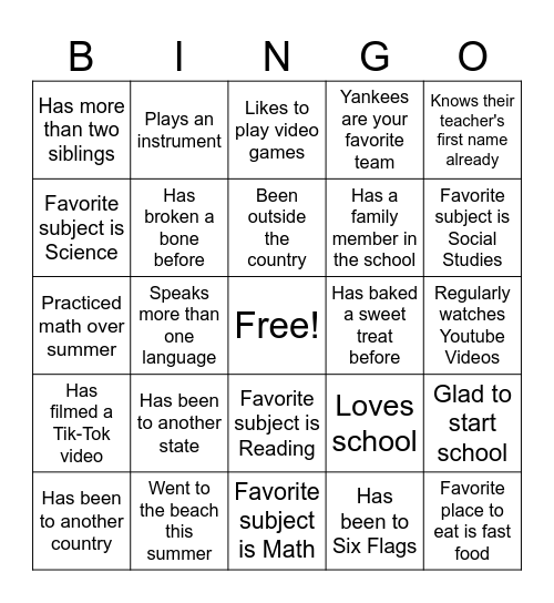 First Day of School Bingo Card