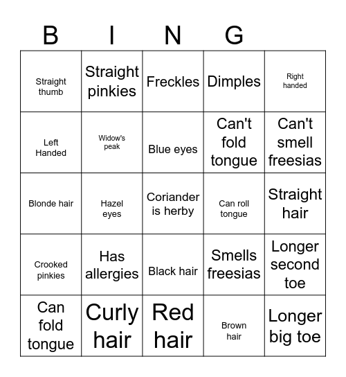 Inherited Traits Bingo Card