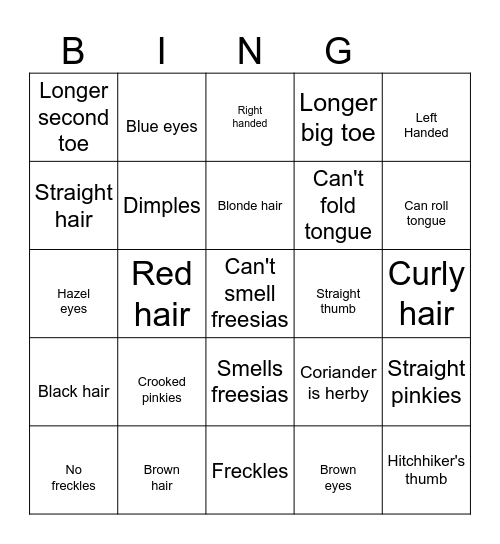 Inherited Traits Bingo Card