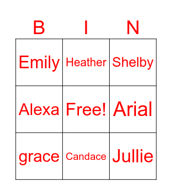 girl names Bingo Card