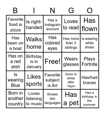 Classmate Bingo Card