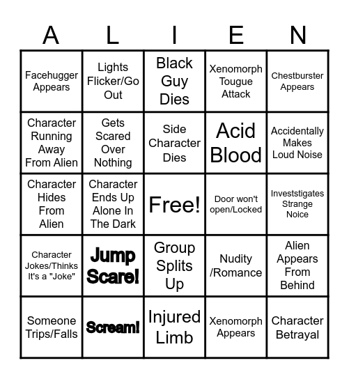 Alien Movie Bingo Card