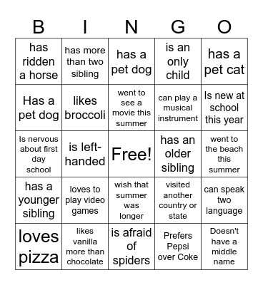 Back to School Bingo Card