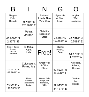 World Landmark Bingo Card