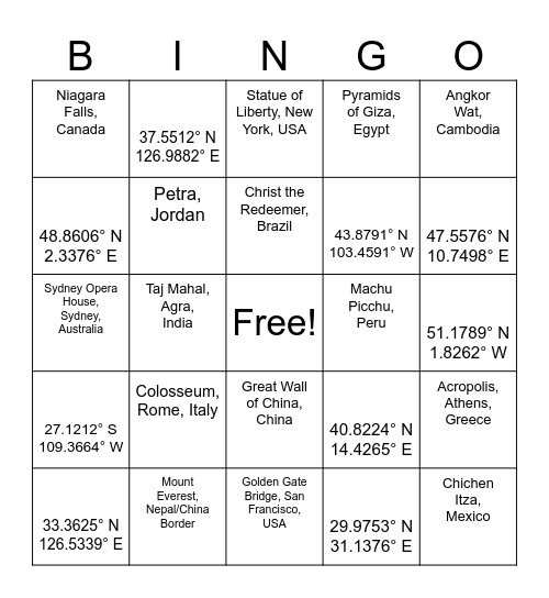 World Landmark Bingo Card