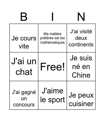Les questions pour _____J Bingo Card
