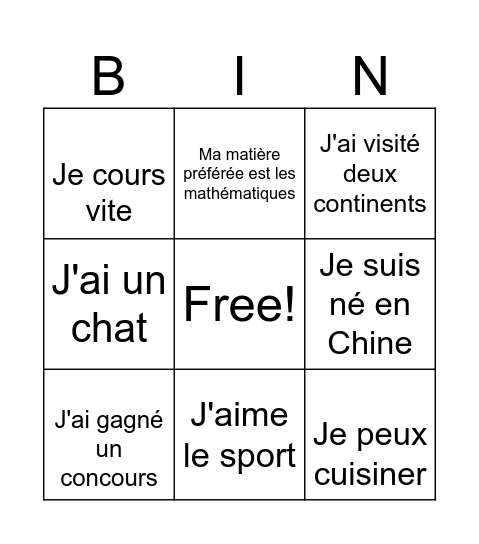 Les questions pour _____J Bingo Card