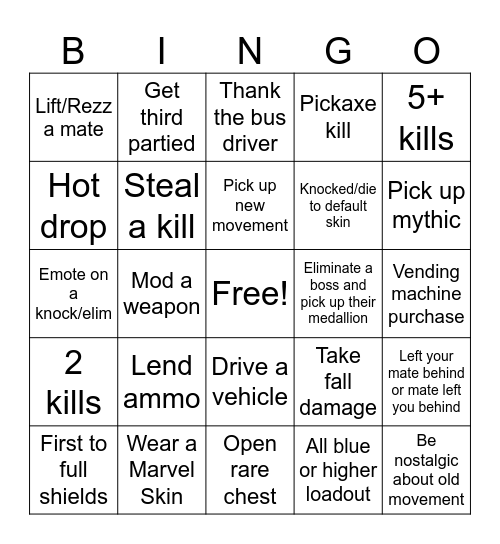 Fortnite Ch5 S4 Bingo Card