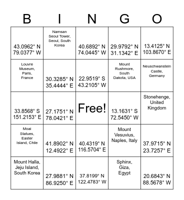 World Landmark Bingo (Inverted) Bingo Card