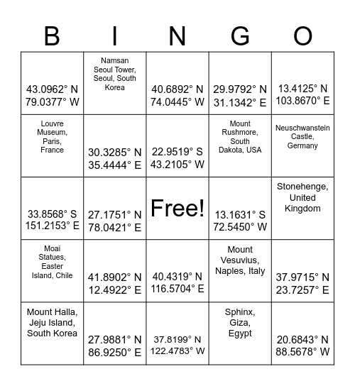 World Landmark Bingo (Inverted) Bingo Card