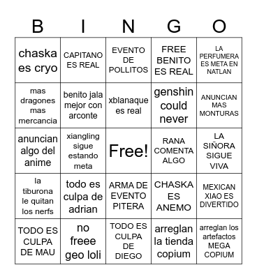 genshin impact copium natlaan 5.00 Bingo Card