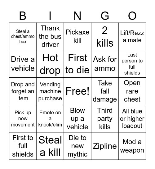 Fortnite Ch5 S4 Bingo Card