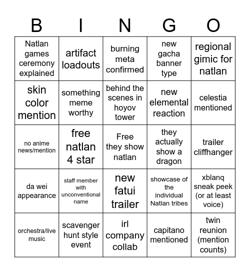 5.0 Livestream Bingo Card