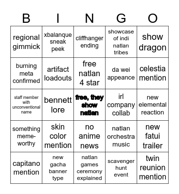 5.0 Livestream Bingo Card