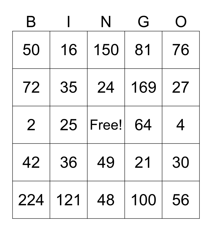 Math Practice Bingo Card