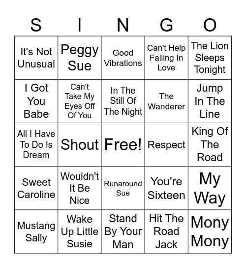 50's & 60's Bingo Card