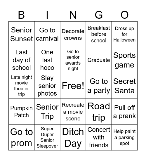 SENIOR YEAR!!! Bingo Card