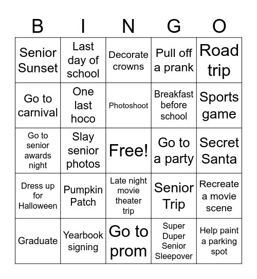 SENIOR YEAR!!! Bingo Card